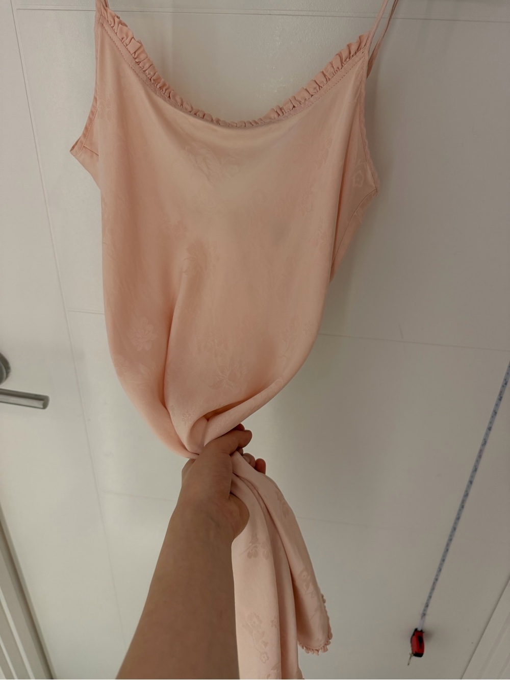 100% Silk Light Peach Pink Women’s Satin Cami with Ruffle Trim Night Gown Dress - Picture 4 of 8